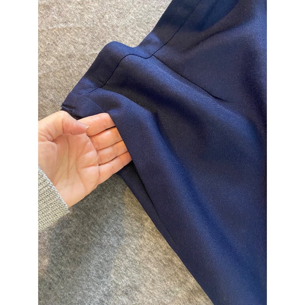 Vintage Navy Pencil Skirt Size 14 Midi Lined Elastic Waist Pockets Womens Zip - Picture 2 of 5